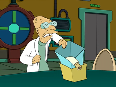 A screenshot from the Futurama episode 'The Farnsworth Parabox', in which Professor Farnsworth is pulling a blue box out of a yellow box; the blue box has an arm protruding from it, which is attempting to pull the yellow box into the blue box.